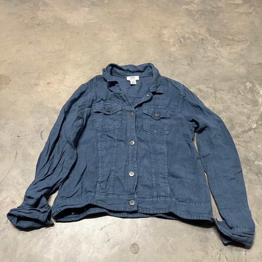 Jones New York JNY Womens Blue 100% Linen Button Front Trucker Jacket Size M